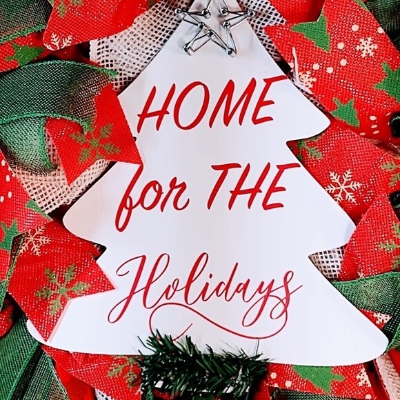 Hand Crafted Burlap Ribbon Wood Sign Home For The Holidays Christmas Wreath 22" - Picture 2 of 7